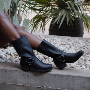 Frye Black Harness Leather Mid-Calf Boots